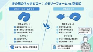 冬の旅行用ネックピローのメモリーフォームと空気式の違いを比較した図解