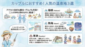 初めてのカップル温泉旅行で人気の箱根・熱海・草津を比較した、記念日向けおすすめ温泉地の図解