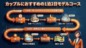 初めてのカップル温泉旅行で失敗しないための1泊2日モデルコースを時系列で示したタイムライン図