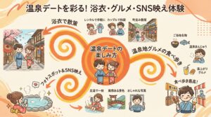 初めてのカップル温泉旅行で楽しみたい浴衣散策・ご当地グルメ・SNS映え写真をまとめた図解