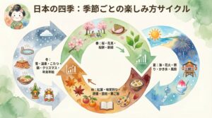 初めてのカップル温泉旅行を春夏秋冬いつ行っても楽しめる季節ごとの魅力をまとめたサイクル図