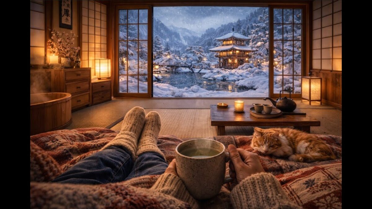 2 Hours 4K POV Cozy Japanese Home 🇯🇵 | Snowy Ryokan Ambience, Fireplace & Japanese Music | 2 Hours