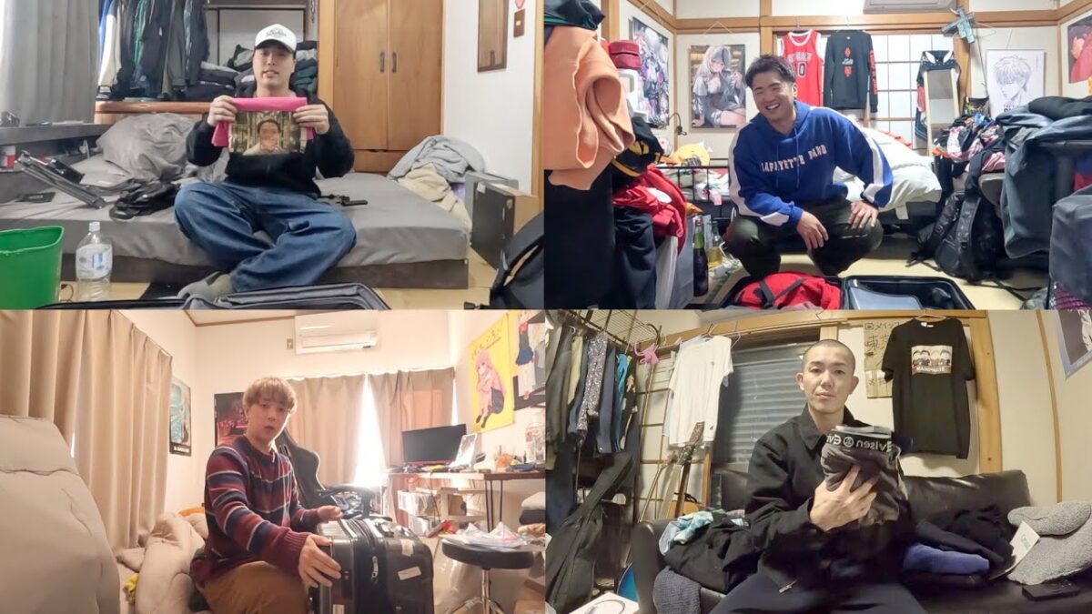 韓国旅行に向けてギリギリでパッキングをする男4人。