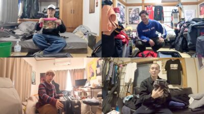 韓国旅行に向けてギリギリでパッキングをする男4人。