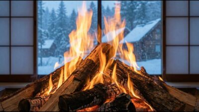4K Japanese Ryokan Fireplace Ambience | Snowy Mountain Fire for Sleep, Relaxation & Focus