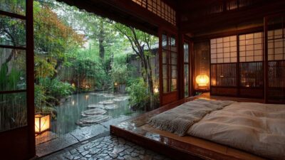 Peaceful Rainy Morning in Japanese Ryokan Garden | Zen Ambience for Relaxation & Deep Sleep 4K