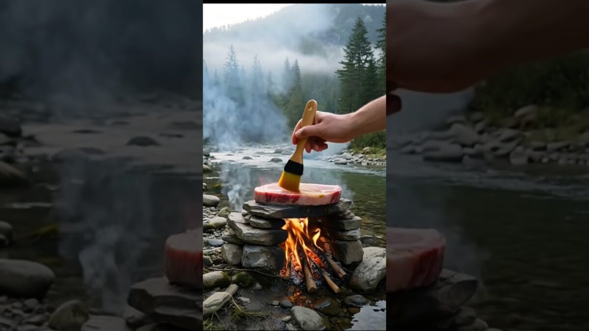 Stone Fire Cooking by the River 🔥 Relaxing Nature ASMR #shorts #asmr
