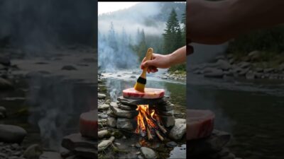Stone Fire Cooking by the River 🔥 Relaxing Nature ASMR #shorts #asmr