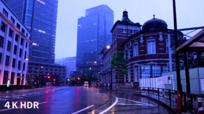 誰もいない東京駅。雨の夜明け前、丸の内散歩 1時間｜映画のような色彩と雨音ASMR【4K】