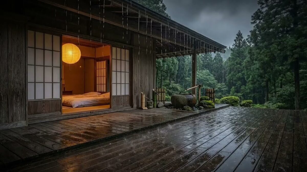4K Peaceful Rain on Japanese Ryokan Terrace 🌲 | Soothing Rain Sounds for Deep Sleep