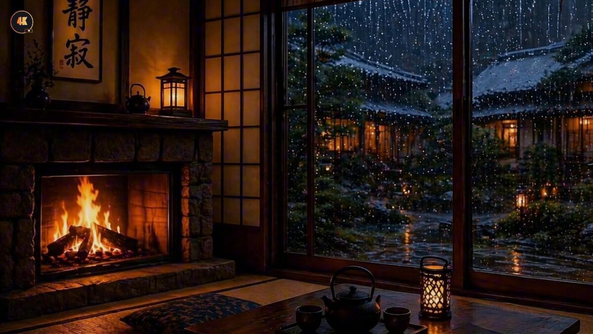 Japonya Ryokan’da Yağmur & Şömine Keyfi 🌧️🔥 Cozy Rain Fireplace Ambience (4K Relaxing)