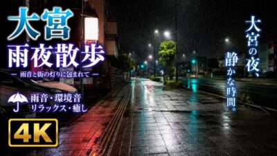 【大雨の夜散歩】大宫駅周辺を歩く｜激しい雨音と夜の街並み 4K ASMR