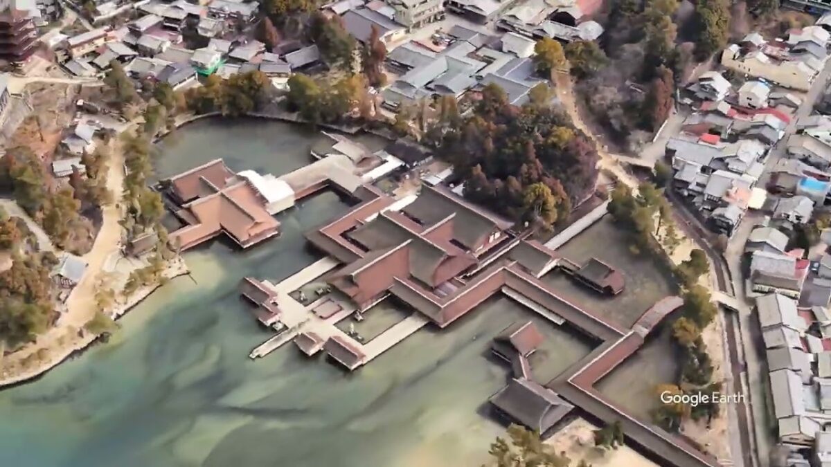 厳島神社（広島）周辺 Google 空撮1分・4K・ BGMなし・YouTubeチャンネル（寺社巡り）に使用