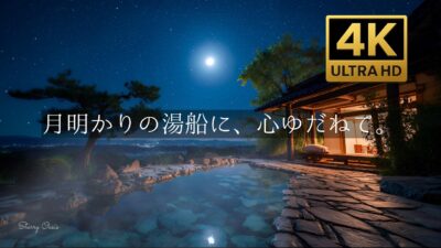 【4K / 睡眠用BGM】月見の極上岩風呂。優しく立ち上る湯煙と、満月の光に照らされる老舗高級旅館の露天風呂で深く眠る夜。