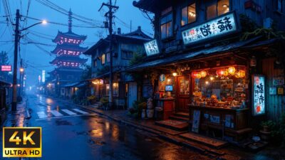 Cyberpunk Kyoto Street ⛩️ Old Japan Neon Ambience | sounds of rain & Sleeping | 4K