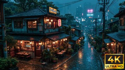 Cyberpunk Kyoto Street in a Neon Future | Night Ambience for Soft Rain Sounds & Sleeping | 4K