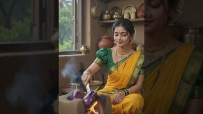 Traditional Vangyacha Bharit & Bajrichi Bhakri 🌧️🌿#ai#asmr #maharashtra#viral#animation#shorts