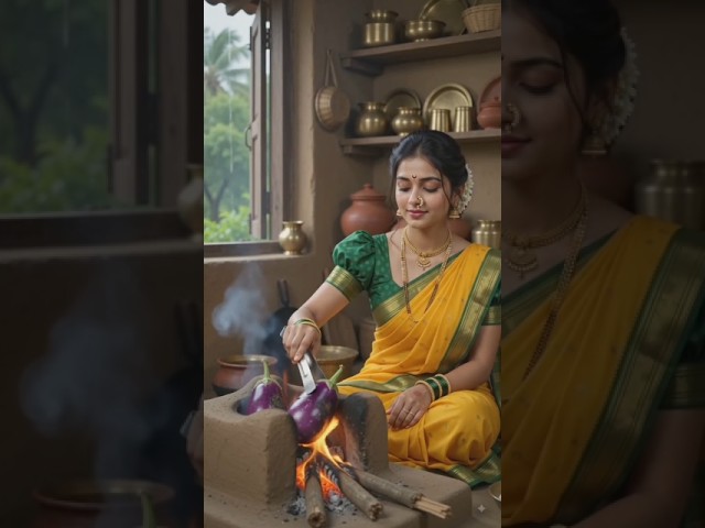 Traditional Vangyacha Bharit & Bajrichi Bhakri 🌧️🌿#ai#asmr #maharashtra#viral#animation#shorts