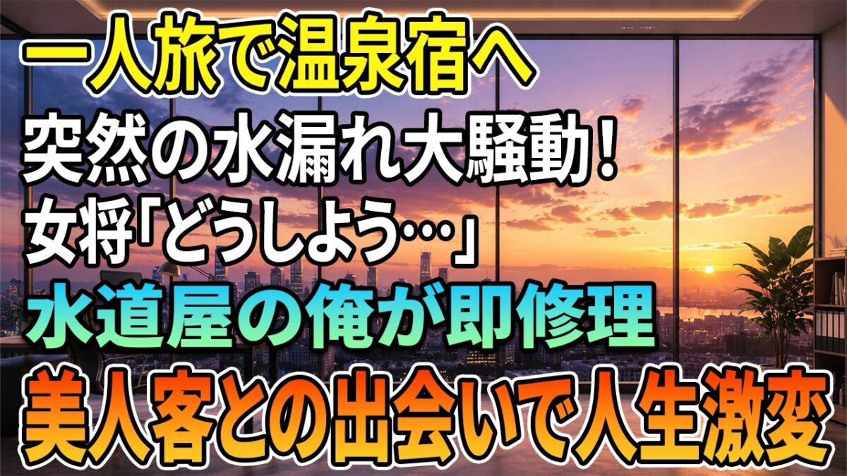 【馴れ初め 感動】一人旅で温泉宿を訪ねた水道屋の俺。旅館で水が溢れ出し辺りが水浸し→女将「やだ、どうしよう」そこで俺がパパっと修理してみせると、それを見ていた美人客に声をかけられ俺の人生が激変【朗