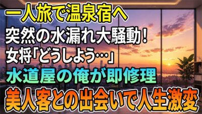 【馴れ初め 感動】一人旅で温泉宿を訪ねた水道屋の俺。旅館で水が溢れ出し辺りが水浸し→女将「やだ、どうしよう」そこで俺がパパっと修理してみせると、それを見ていた美人客に声をかけられ俺の人生が激変【朗