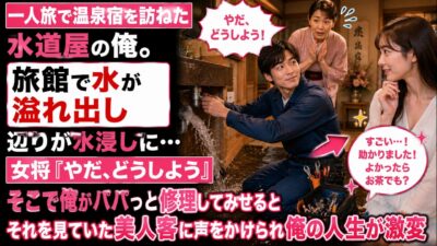 【馴れ初め 感動】一人旅で温泉宿を訪ねた水道屋の俺。旅館で水が溢れ出し辺りが水浸し→女将「やだ、どうしよう」そこで俺がパパっと修理してみせると、それを見ていた美人客に声をかけられ俺の人生が激変【朗