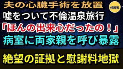【修羅場】夫の心臓手術を放置し「一人旅に出る」と嘘をついて不倫温泉旅行へ行った妻。病室に両家の親を呼び集め、とっておきのサプライズを用意してやった結果…