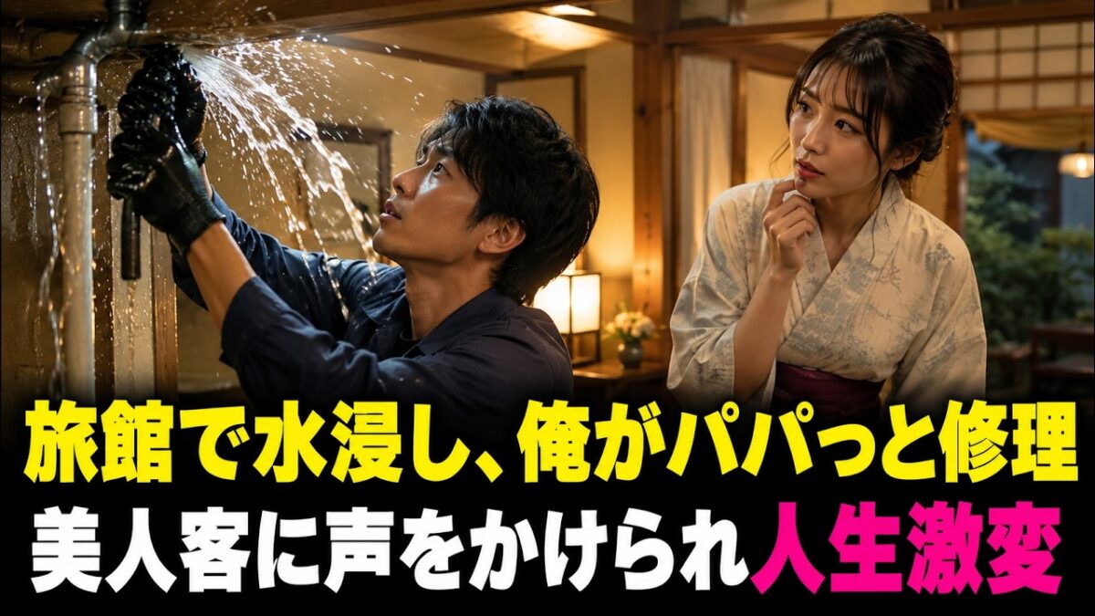 【馴れ初め 感動】一人旅で温泉宿を訪ねた水道屋の俺。旅館で水が溢れ出し辺りが水浸し→女将「やだ、どうしよう」そこで俺がパパっと修理してみせると、それを見ていた美人客に声をかけられ俺の人生が激変