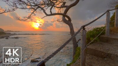 4K Japan | Sunset at the Tiny Cliffside Shrine : Ocean Rock Walk