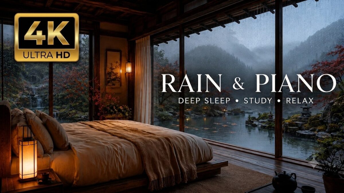 Japanese Mountain Ryokan Rain Ambience 🌧️ Relaxing Zen Music & Water Sounds | 4K