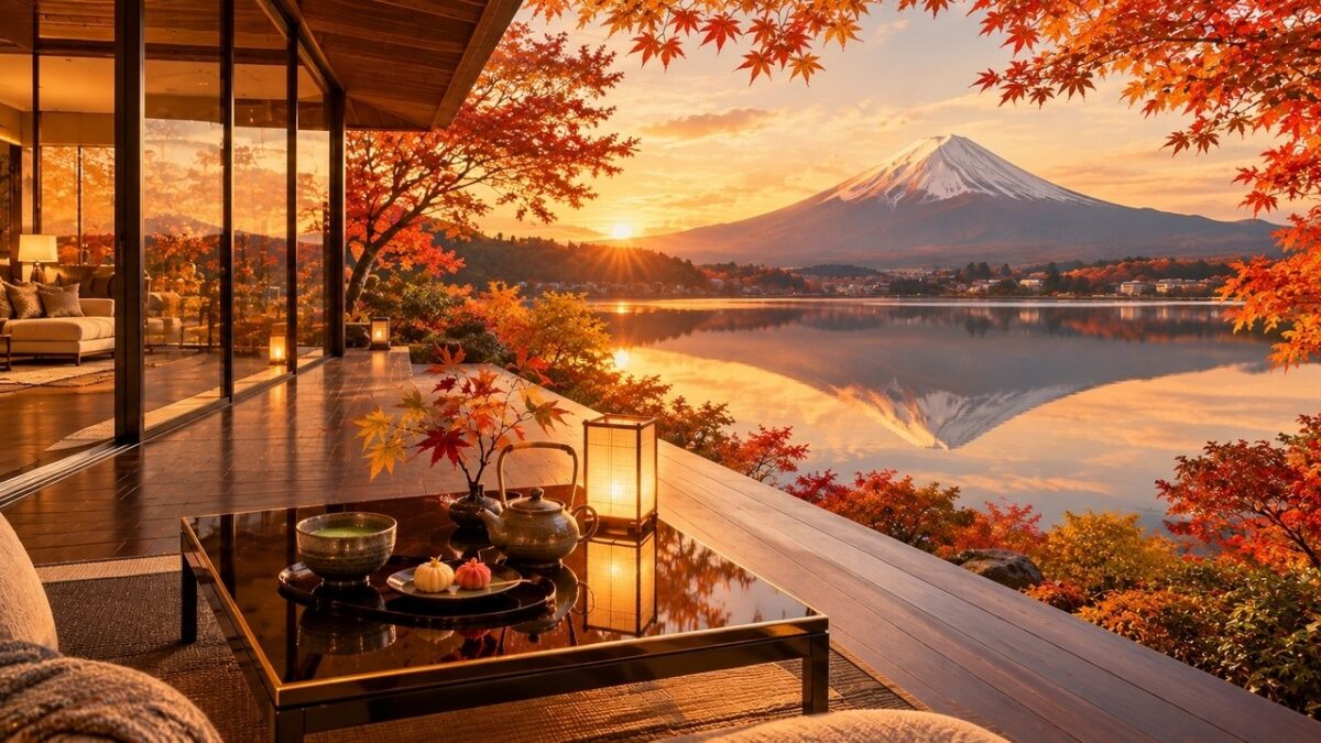 Mount Fuji Autumn Jazz – Serene Lakeside Ryokan Piano Music for Relaxing & Studying in 4K