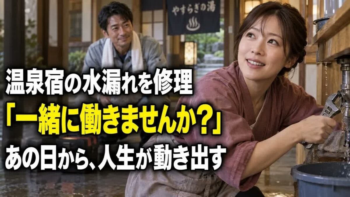 【馴れ初め】一人旅で温泉宿を訪ねた水道屋の俺。旅館で水が溢れ出し辺りが水浸し→女将「やだ、どうしよう」そこで俺がパパっと修理してみせると、それを見ていた美人客に声をかけられ俺の人生が激変【2本