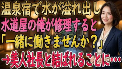 【馴れ初め】一人旅で温泉宿を訪ねた水道屋の俺。旅館で水が溢れ出し辺りが水浸し→女将「やだ、どうしよう」そこで俺がパパっと修理してみせると、それを見ていた美人客に声をかけられ俺の人生が激変【2本立