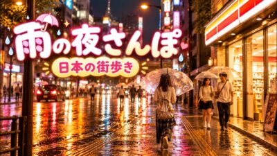 【雨の夜散歩】雨に濡れた日本の街を歩く ☔ 夜景と街の音に癒される4Kウォーキングツアー