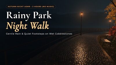 【雨音・足音ASMR / 3時間】秋の雨の夜の公園散歩 – 濡れた石畳を踏む静かな足音としとしと降る雨音【睡眠用・作業用・勉強用 / 音楽なし】