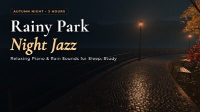 【夜ジャズBGM】秋の雨の夜の公園散歩 – しっとり落ち着くピアノジャズと雨音・足音【作業用・勉強用・睡眠用BGM 3時間】
