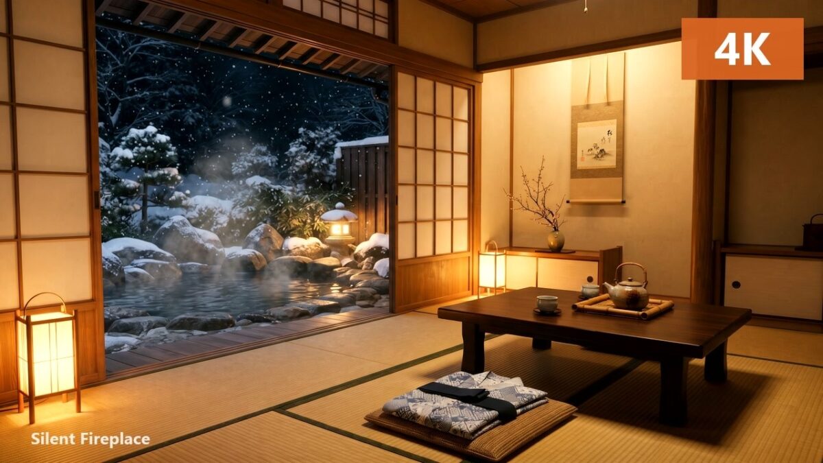♨️ First Snow at a Japanese Ryokan | Hot Spring, Snowfall & Calm Japanese Music | 4K, 10 Hours