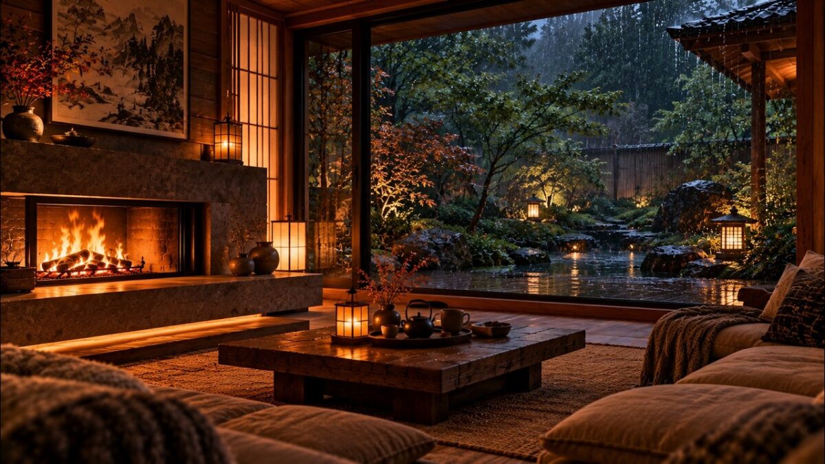 Rainy Japanese Ryokan Fireplace 🔥🌧️ | Cozy Fireplace Ambience in 4K | Stillwild Sounds