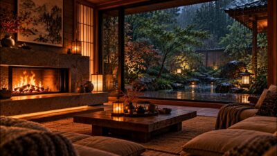 Rainy Japanese Ryokan Fireplace 🔥🌧️ | Cozy Fireplace Ambience in 4K | Stillwild Sounds