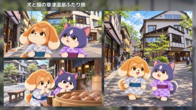 犬と猫、草津温泉でのんびり一日旅【ほのぼの漫画】